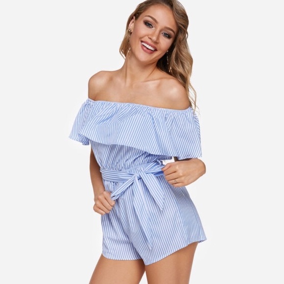 💥 SALE Off Shoulder Ruffled Belted Striped Romper - Picture 6 of 8